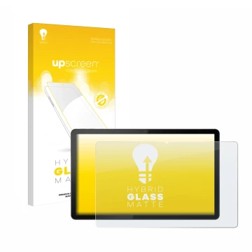 Parte frontal de un envase de producto con el logotipo de la marca upscreen. Al lado se muestra el dispositivo Lenovo Tab P11 