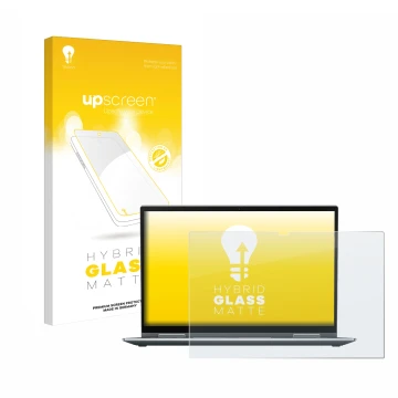 Parte frontal de un envase de producto con el logotipo de la marca upscreen. Al lado se muestra el dispositivo Lenovo ThinkPad