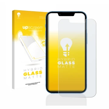 Parte frontal de un envase de producto con el logotipo de la marca upscreen. Al lado se muestra el dispositivo Apple iPhone 13