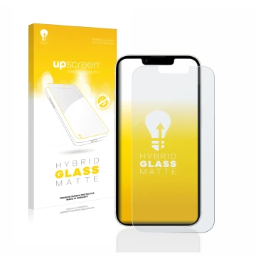 Parte frontal de un envase de producto con el logotipo de la marca upscreen. Al lado se muestra el dispositivo Apple iPhone 13