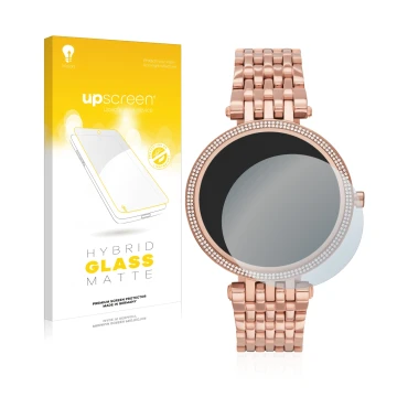 Parte frontal de un envase de producto con el logotipo de la marca upscreen. Al lado se muestra el dispositivo Michael Kors Ac