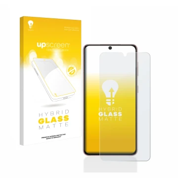 Parte frontal de un envase de producto con el logotipo de la marca upscreen. Al lado se muestra el dispositivo Samsung Galaxy 