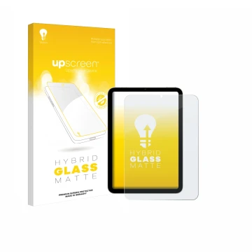 Parte frontal de un envase de producto con el logotipo de la marca upscreen. Al lado se muestra el dispositivo Apple iPad Mini