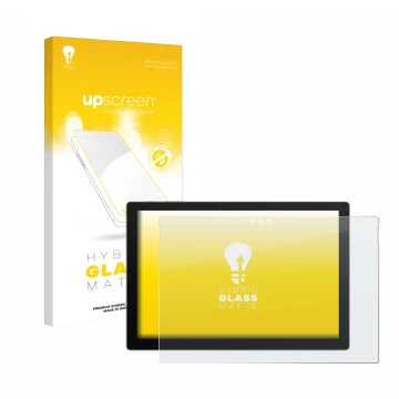 Parte frontal de un envase de producto con el logotipo de la marca upscreen. Al lado se muestra el dispositivo Microsoft Surfa