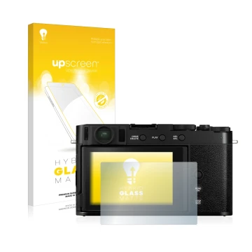 Parte frontal de un envase de producto con el logotipo de la marca upscreen. Al lado se muestra el dispositivo Fujifilm X-E4 c