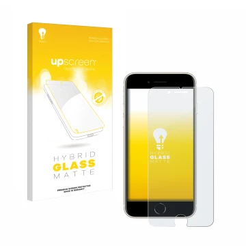 Parte frontal de un envase de producto con el logotipo de la marca upscreen. Al lado se muestra el dispositivo Apple iPhone SE