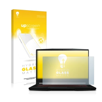 Parte frontal de un envase de producto con el logotipo de la marca upscreen. Al lado se muestra el dispositivo MSI GF63 Thin 1