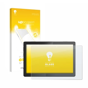 Parte frontal de un envase de producto con el logotipo de la marca upscreen. Al lado se muestra el dispositivo Lenovo Tab M10 