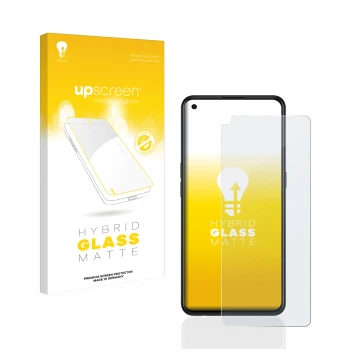 Parte frontal de un envase de producto con el logotipo de la marca upscreen. Al lado se muestra el dispositivo Oppo Find X3 Li