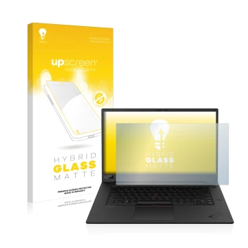 Parte frontal de un envase de producto con el logotipo de la marca upscreen. Al lado se muestra el dispositivo Lenovo ThinkPad