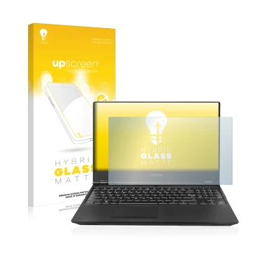 Parte frontal de un envase de producto con el logotipo de la marca upscreen. Al lado se muestra el dispositivo Lenovo Legion 5