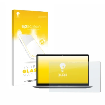 Parte frontal de un envase de producto con el logotipo de la marca upscreen. Al lado se muestra el dispositivo Dell Latitude 7