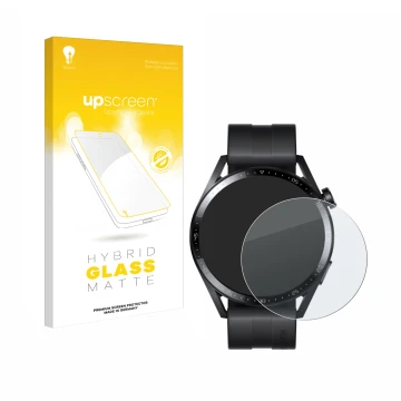 Parte frontal de un envase de producto con el logotipo de la marca upscreen. Al lado se muestra el dispositivo Huawei Watch GT