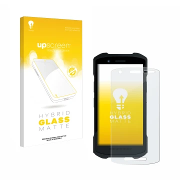 Parte frontal de un envase de producto con el logotipo de la marca upscreen. Al lado se muestra el dispositivo Zebra TC26 con 