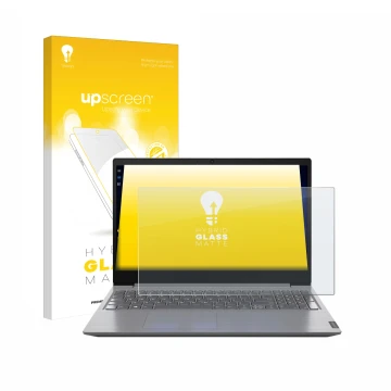 Parte frontal de un envase de producto con el logotipo de la marca upscreen. Al lado se muestra el dispositivo Lenovo V15 82C5