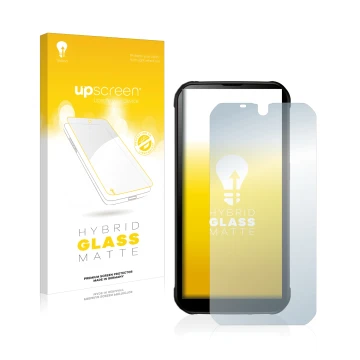 Parte frontal de un envase de producto con el logotipo de la marca upscreen. Al lado se muestra el dispositivo Gigaset GX290 p