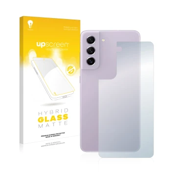 Parte frontal de un envase de producto con el logotipo de la marca upscreen. Al lado se muestra el dispositivo Samsung Galaxy 