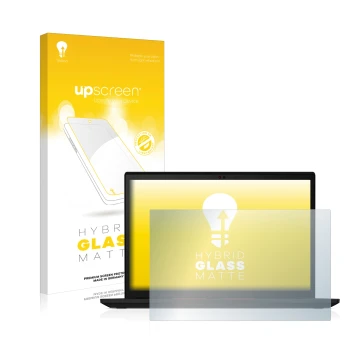 Parte frontal de un envase de producto con el logotipo de la marca upscreen. Al lado se muestra el dispositivo Lenovo ThinkPad