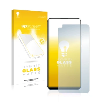 Parte frontal de un envase de producto con el logotipo de la marca upscreen. Al lado se muestra el dispositivo realme 8 con su