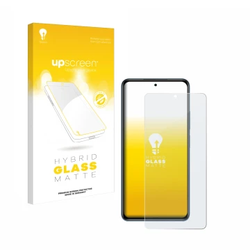 Parte frontal de un envase de producto con el logotipo de la marca upscreen. Al lado se muestra el dispositivo Xiaomi Poco F3 