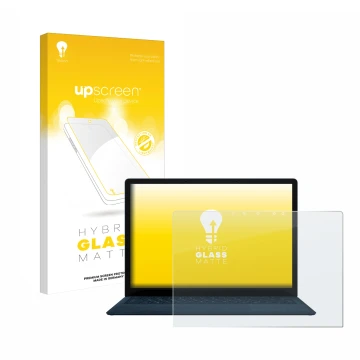 Parte frontal de un envase de producto con el logotipo de la marca upscreen. Al lado se muestra el dispositivo Microsoft Surfa