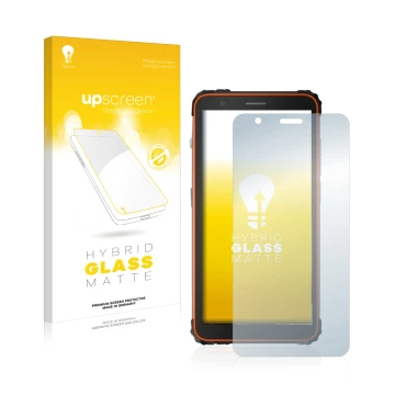 Parte frontal de un envase de producto con el logotipo de la marca upscreen. Al lado se muestra el dispositivo Blackview BV660