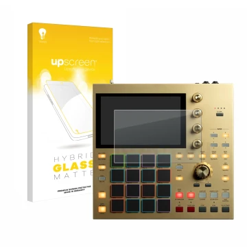 Parte frontal de un envase de producto con el logotipo de la marca upscreen. Al lado se muestra el dispositivo Akai MPC One co