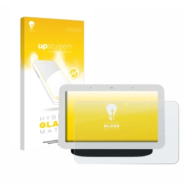 Parte frontal de un envase de producto con el logotipo de la marca upscreen. Al lado se muestra el dispositivo Google Nest Hub