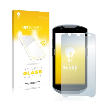 Parte frontal de un envase de producto con el logotipo de la marca upscreen. Al lado se muestra el dispositivo Zebra TC52x con