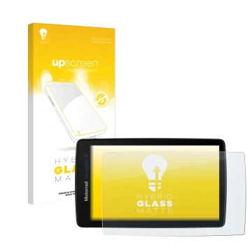 Parte frontal de un envase de producto con el logotipo de la marca upscreen. Al lado se muestra el dispositivo BMW Navigator V