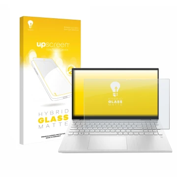 Parte frontal de un envase de producto con el logotipo de la marca upscreen. Al lado se muestra el dispositivo HP Pavilion x36