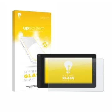 Parte frontal de un envase de producto con el logotipo de la marca upscreen. Al lado se muestra el dispositivo Huion Kamvas 13