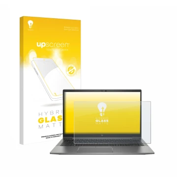 Parte frontal de un envase de producto con el logotipo de la marca upscreen. Al lado se muestra el dispositivo HP ZBook Firefl