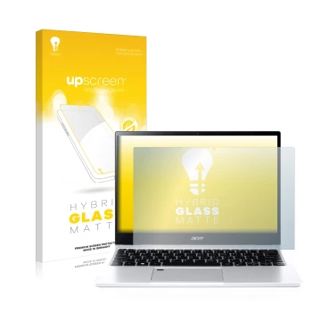 Parte frontal de un envase de producto con el logotipo de la marca upscreen. Al lado se muestra el dispositivo Acer Spin 3 SP3