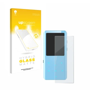 Parte frontal de un envase de producto con el logotipo de la marca upscreen. Al lado se muestra el dispositivo AGPtek A19X con