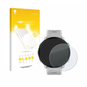 Parte frontal de un envase de producto con el logotipo de la marca upscreen. Al lado se muestra el dispositivo Garmin Forerunn