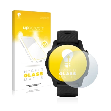 Parte frontal de un envase de producto con el logotipo de la marca upscreen. Al lado se muestra el dispositivo Garmin Forerunn