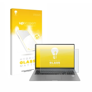 Parte frontal de un envase de producto con el logotipo de la marca upscreen. Al lado se muestra el dispositivo LG gram 17'' 20