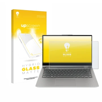 Parte frontal de un envase de producto con el logotipo de la marca upscreen. Al lado se muestra el dispositivo Lenovo ThinkBoo
