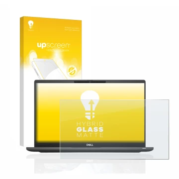 Parte frontal de un envase de producto con el logotipo de la marca upscreen. Al lado se muestra el dispositivo Dell Latitude 7