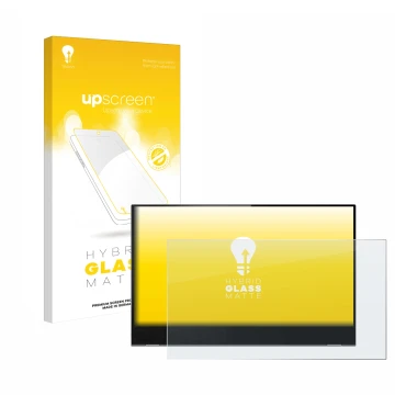 Parte frontal de un envase de producto con el logotipo de la marca upscreen. Al lado se muestra el dispositivo Lenovo ThinkVis