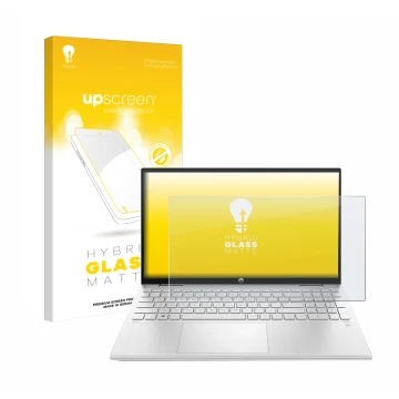 Parte frontal de un envase de producto con el logotipo de la marca upscreen. Al lado se muestra el dispositivo HP ProBook 440 