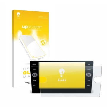 Parte frontal de un envase de producto con el logotipo de la marca upscreen. Al lado se muestra el dispositivo Volkswagen T6 2