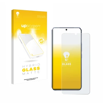 Parte frontal de un envase de producto con el logotipo de la marca upscreen. Al lado se muestra el dispositivo Vivo V21 5G con