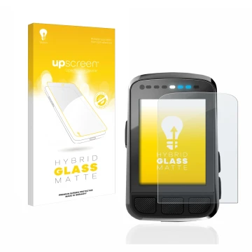 Parte frontal de un envase de producto con el logotipo de la marca upscreen. Al lado se muestra el dispositivo Wahoo Elemnt Bo