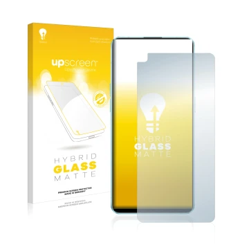 Parte frontal de un envase de producto con el logotipo de la marca upscreen. Al lado se muestra el dispositivo Oppo Reno 6 5G 