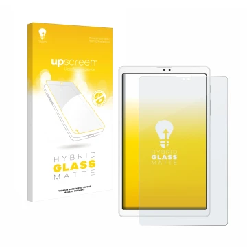 Parte frontal de un envase de producto con el logotipo de la marca upscreen. Al lado se muestra el dispositivo Samsung Galaxy 