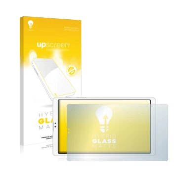 Parte frontal de un envase de producto con el logotipo de la marca upscreen. Al lado se muestra el dispositivo Samsung Galaxy 