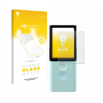 Parte frontal de un envase de producto con el logotipo de la marca upscreen. Al lado se muestra el dispositivo Vasco Translato