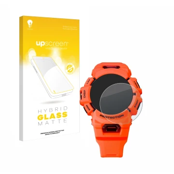 Parte frontal de un envase de producto con el logotipo de la marca upscreen. Al lado se muestra el dispositivo Casio G-Shock G